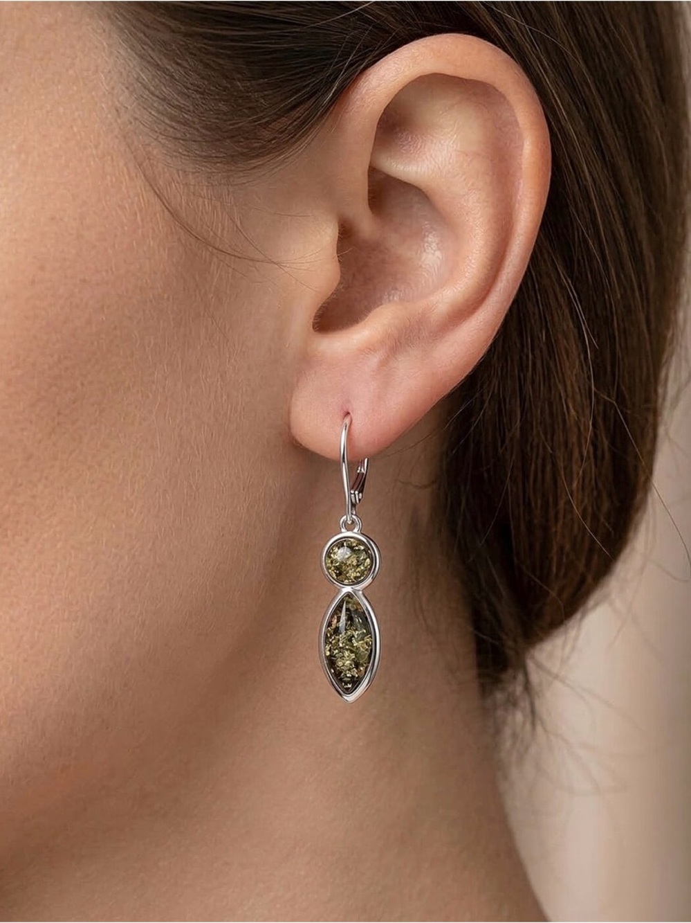 Sterling Silver Green Amber Drop Earrings - Elegant Women Jewelry